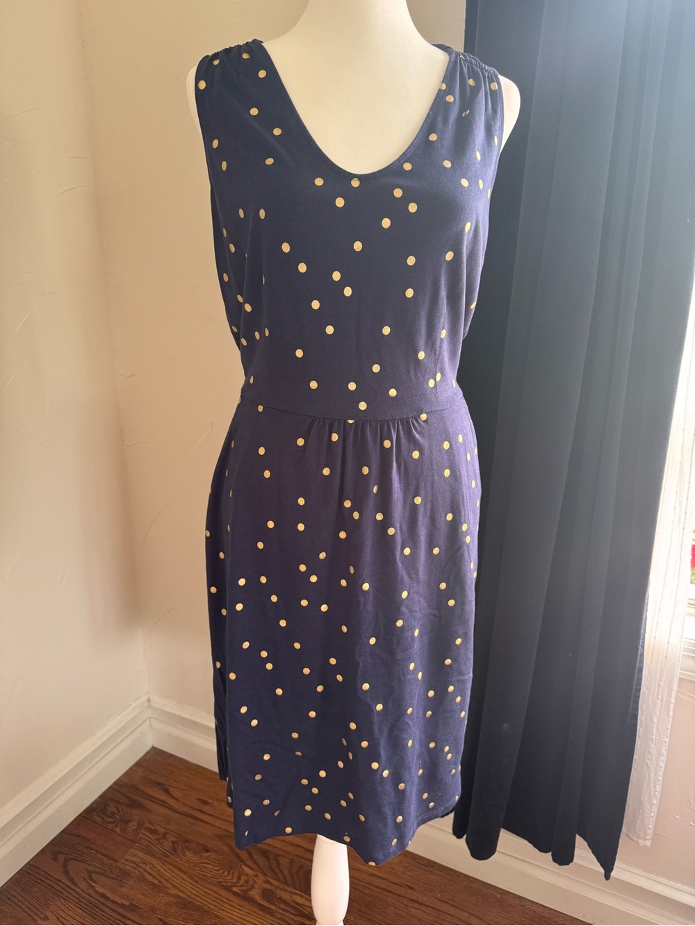 Boden Navy Midi Dress with Gold Polka Dots